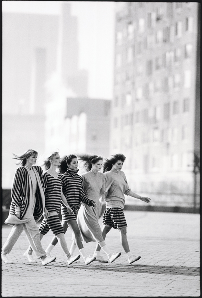 Five girls walking in sweats fashions from Norma Kamali, Upper East Side Manhattan  copyright SteveLandis  1981.  All rights reserved.