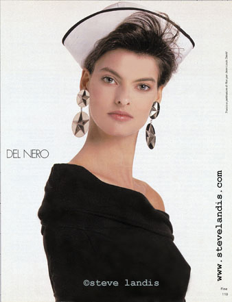 Linda Evangelista close up with white sailor cap