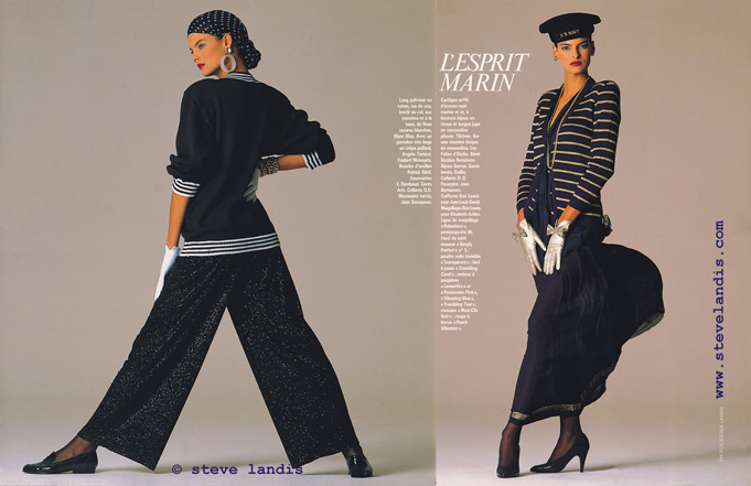 Linda Evangelista in Chanel navy nautical themed skirt and sweater