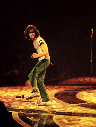mick jagger on stage with the rolling stones from a 1975 show in Philadelphia, photographed by steve landis