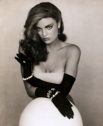 Tracy Scoggins, modeling for Cosmopolitan in this black and white Polaroid snapshot photographed by Steve Landis