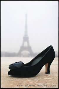 yves saint laurant shoe in front of the Eiffel Tower, Paris